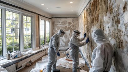 Mold remediation team working in modern home environment