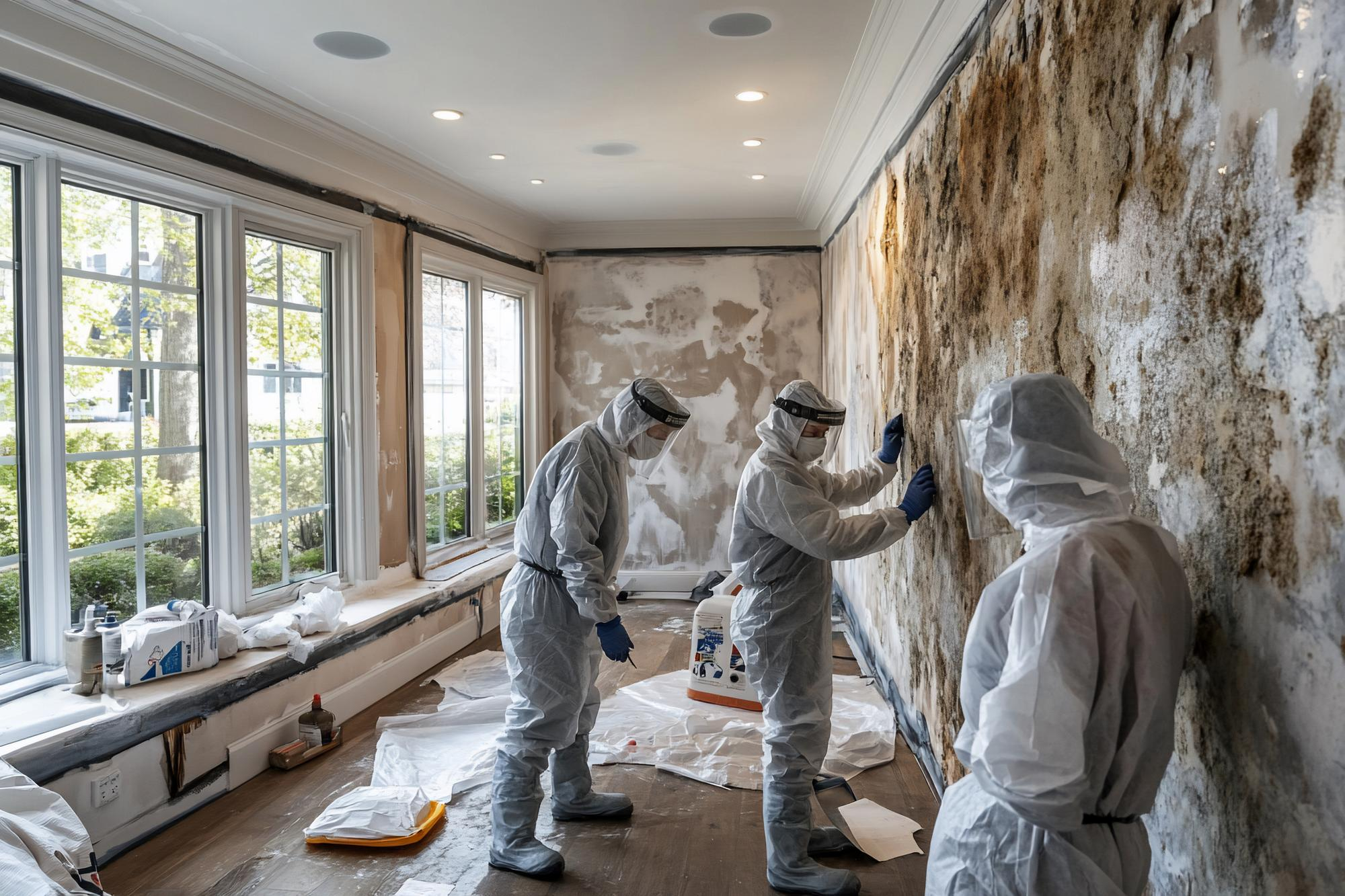 Mold remediation team working in modern home environment
