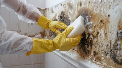 Person wearing yellow gloves cleaning mold from bathroom tile