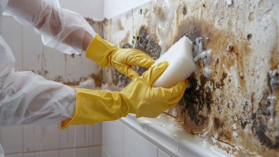 Person wearing yellow gloves cleaning mold from bathroom tile