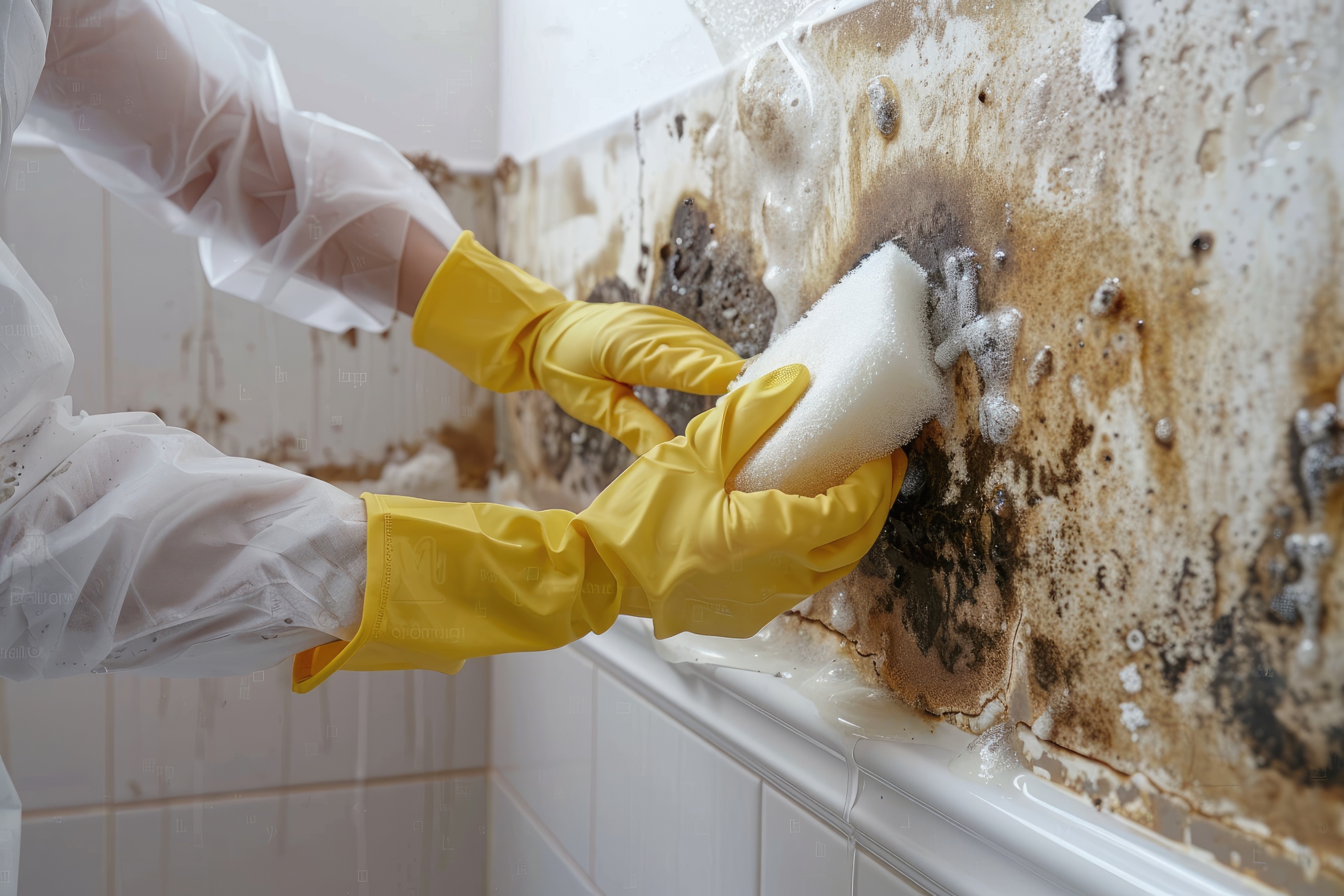 Person wearing yellow gloves cleaning mold from bathroom tile